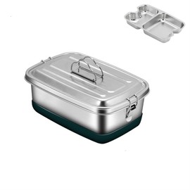 [EFFORTS] Stainless Steel Lunch Box, 1-tier, 2-Layer, 2/3 Minute Stainless Steel Plate Included, 47.2 fl oz (1,200 ml), 2,000 ml, Silver, Adults, Kids, Stylish, Work or School, Outdoor, Camping,