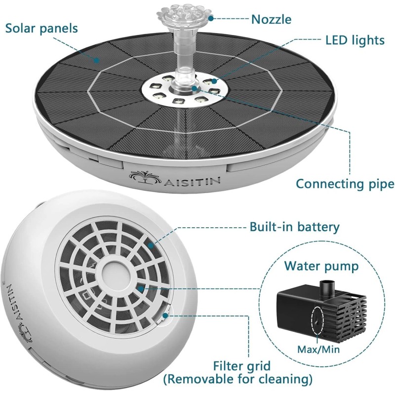 AISITIN 6.5W Solar Fountain Pump with Colorful LED Lights 3000mAh