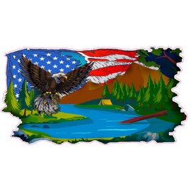 RV Camper Graphics Mountain Lake Scene with American Flag and Eagle Decal (48" x 27")
