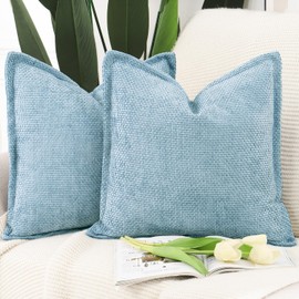 Madizz Set of 2 Chenille Velvet Cushion Covers with Flange Soft Boho Textured Throw Pillow Covers Broadside Pillowcases Modern Farmhouse Home Decor for Sofa Bedroom Light Blue 24x24 inch, 60x60 cm