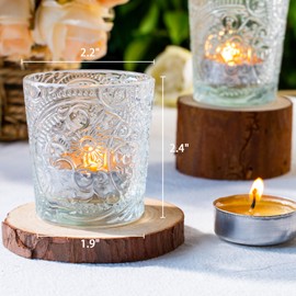 6 Pack Sun Moon Star Embossed Glass Tea Light Candle Holders - Votive Candle Holders for Wedding, Party, Home Decor, and Table Centerpieces (Clear Glass)