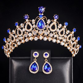 JWICOS Crystal Crowns Earrings Set for Women and Girls Tiaras with Comb Queen Rhinestones Crown Princess Tiara for Pageant Prom Party Elegant Headband for Wedding Brides (Royal Blue)