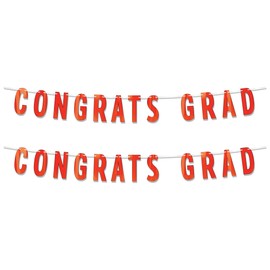 Beistle Orange Foil Congrats Grad Streamers, 2-Count, Graduation Party Banner Decorations with Ribbon, High School College University Academic Achievement Celebration Supplies, 6.75” x 5’