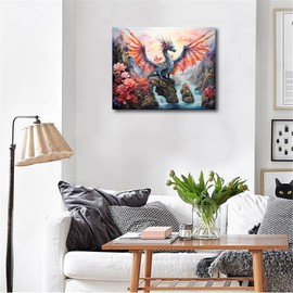 Dragon Colour by Numbers Kit for Adults, Winged Dragon DIY Oil Painting Kit, Abstract Canvas Acrylic Pigment Pink Landscape Painting Art Craft for Home Wall Decor Gift 16 x 20 Inches