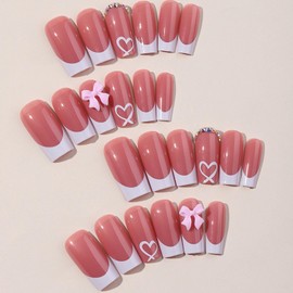 Press on Nails Medium Square Fake Nails White French Tip Nails Press ons Glossy Glue on Nails Nude False Nails with Heart Bow Rhinestones Designs Acrylic Stick on Nails for Women 24Pcs