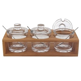 Homeroots 6 Mouth Blown Crystal Jam Set With 3 Glass Jars And Spoons On A Wood Stand