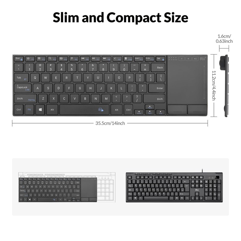 Rii Wireless Bluetooth Keyboard,Multi Device Rechargeable Stainless Steel Ultra Slim