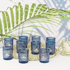 12 Pcs Blue Glass Votive Candle Holders, Tealight Candle Holders for Table Centerpieces, Vintage Candle Holder Bulk, Boho Wedding, Home, Bridal Shower, Birthday Party Table Decor (Blue)