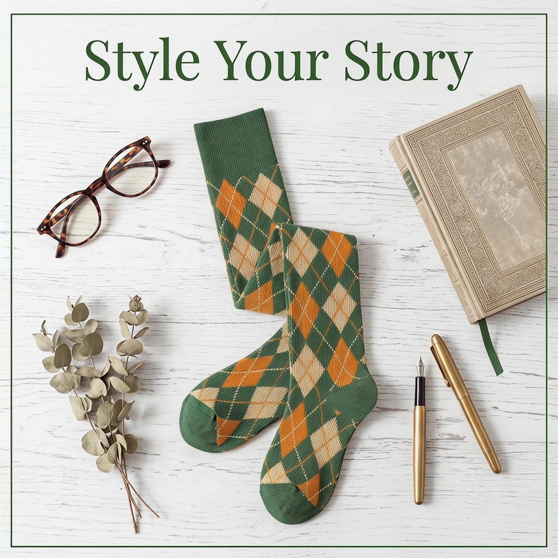 RosyClouds Womens Girls Knee High Socks Green Vintage Argyle Novelty