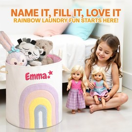 Kids Laundry Basket with Embroidered Name, Custom Name Kids Laundry Hamper Toy Storage Bin for Boys & Girls Room Decor Baby Nursery Hamper Gift Baskets for Bedroom, Bathroom - Rainbow