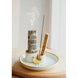 BEYLAB 4 in 1 Incense Burner Holder moon, Palo Santo Holder, Sage Holder for Burning, Incense Holder for Sticks, Smudge bowl, 5.9 inches Ceramic Ash Catcher Tray for Meditation Yoga Room (moon)