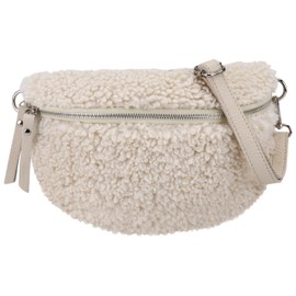 SH Leder ® Kate G358 Teddy Plush Waist Bag Women's Belt Bag for Festival Travel Bum Bag Medium Crossbody Bag Women with Genuine Leather Shoulder Strap 27 x 16 cm, Beige/silver zip, Belt bag