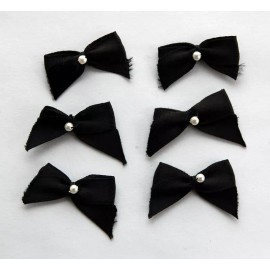 VINTAGE 6 TINY BLACK FABRIC PEARL BOWS • DOLL MAKING