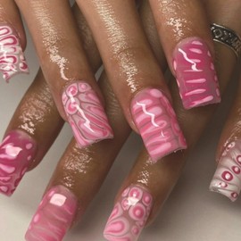 MIXFOSAHN French Tip Press on Nails Medium Square Fake Nails Nude False Nails with Charms Pink Bubbles Designs Glossy Full Cover Glue on Nails Stick on Nails Acrylic Nails for Women Girls 24 Pcs