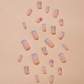 24 PCS Press on Nails Medium Fake Nails Square False Nails Acrylic French Tip Artificial with Multi-colored Flowers Designs Purple Blue French Tip Stick for Women Summer Manicure