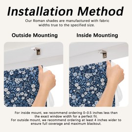 Floral Cordless Roman Shades for Indoor Windows, White Waterproof Backing (Blue)