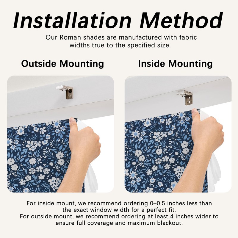 Floral Cordless Roman Shades for Indoor Windows, White Waterproof Backing