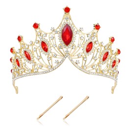 Cinaci Red Crystal Rhinestone Birthday Party Prom Wedding Bridal Queen Princess Crown Tiara Headband Hair Accessory Gems Jewelry Headpiece for Women Girls Brides (2 Bobby Pins Included)