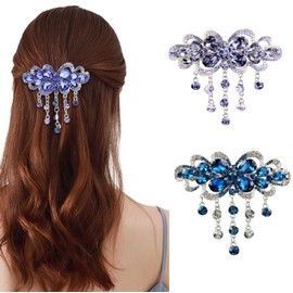 2 Pcs Butterfly Flower Tassel Hair Barrettes Large Rhinestone Hair Clip Vintage Crystal Sparkly Hair Clasps Glitter Hairpin Bow Hair Accessories for Women (Purple+Blue, One Size)