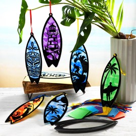 AmazingSpark 30 Pcs Beach Surfboard Suncatchers Paper Craft Set Sea Ocean Beach Surfboard DIY Stained Glass Effect Tissue Paper Kits Gift Bulk for Summer Classroom Activities Art Party Decor