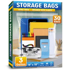 Large 3 Gallon Zippered Plastic Bags for Storage- 16'' x 18'', Ideal for Clothes Clothing, Travel, Moving, 2-mil Thick Clear Plastic, 30 pack