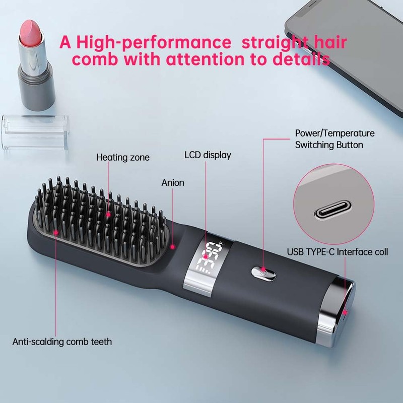 Cordless Hair Straightener Brush Portable on The go Comb for