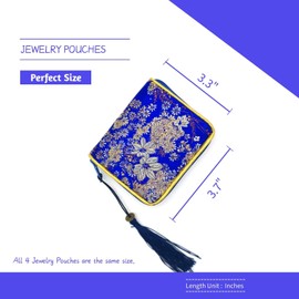 4pc Zipper Jewelry Pouches Brocade Cosmetic Bags Embroidered Coin Purses Wallets for Women - Deep Blue