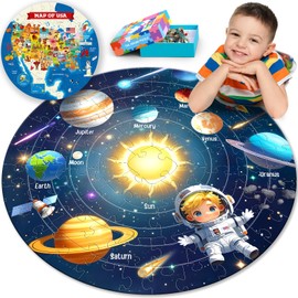 ELX 70 Piece Space Floor Puzzle for Kids Ages 5-8, Solar System Globe & USA Map Jigsaw Puzzles,Double-Sided Planet Round Large Puzzle for Toddlers,Geography Educational Toys for Boys&Girls (22.5 Inch)