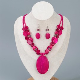 Rosslyons Big Oval Gemotric Pendant Necklace for women Double Strand Colorful Beads Statement Necklace and Earrings Set Fashion Jewelry Gifts (Hot Pink)