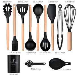 Juego de Utensilios de Cocina de Madera de Silicona: Utensilios de Cocina Resistentes al Calor con Espátula/Cuchara/Batidor para Utensilios de Cocina Antiadherentes (Negro)