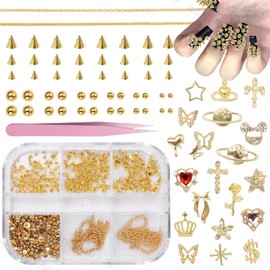 3D Alloy Gold Nail Charms Studs, Butterfly Heart Star Dollar Metal Nail Art Charms, Golden Flatback Pearls Rivet Nails Charm for Acrylic Nails Design DIY Supplies Crafts