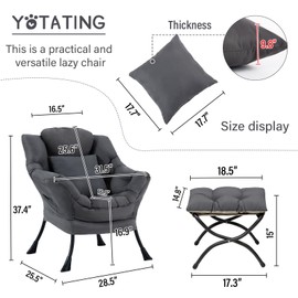 YOTATING Lazy Chair with Ottoman, Comfy Reading Lounge Chair with Footstool & Throw Pillow Modern with Armrests & Side Pocket for Living Room, Bedroom, Dorm Room, Dark Grey