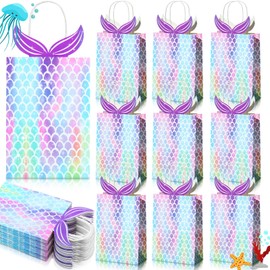 Mermaid Gift Bags Mermaid Party Favors Bags Mermaid Goodie Candy Treat Bags Mermaid Party Supplies Mermaid Bags with Handle for Girls Birthday Baby Shower Little Decorations(50 Pieces)