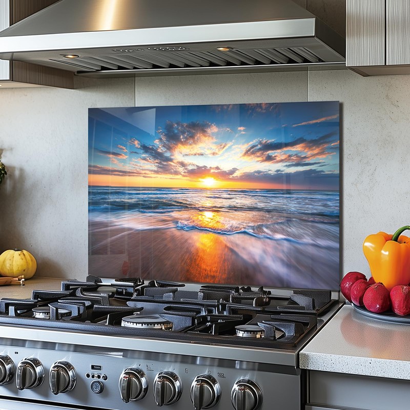 Tempered Glass Backsplash For Kitchen Behind Stove,Sea Beach Stove Backsplash
