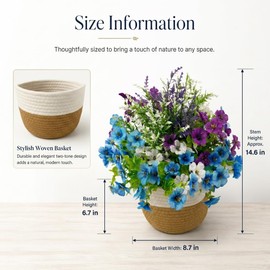 12 pcs Artificial indoor&outdoor Flowers with 8.6in Handmade Woven Cotton basket, UV Resistant Violet Lavender Flowers for All-Season Front Porch Garden Patio Home Decor (blue, white, purple)