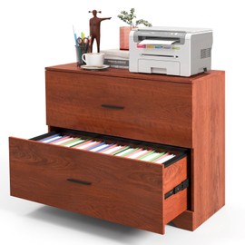 SILKYDRY 2 Drawer Lateral File Cabinet, 35.5" Wide Home Office Drawers, Adjustable Hanging Bars for A4/Letter/Legal Folders, No Wheels, Horizontal Wooden Filing Cabinet (Walnut)