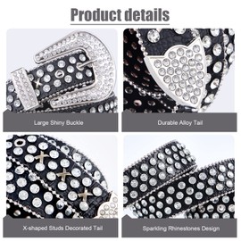 FIORETTO Men Women Rhinestone Belt Western Studded Leather Belt Bling Shining Diamond Cowgirl Cowboy Waist Belt for Jeans Pants Black