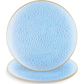 Table Settings Blue Hammered Organic Plastic Charger Plates (Pack Of 4) - 13" - Elegant Gold Rim Design, Perfect for Birthday Parties, Weddings, Events, & More