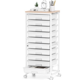 SYKIARIOL Rolling Cart with Drawers,10 Drawer Rolling Cart,Storage Cart with Wheels,Utility Cart with Drawers,Teacher Cart for Classroom Storage,Craft Cart with Wheels and Wooden Tabletop,White