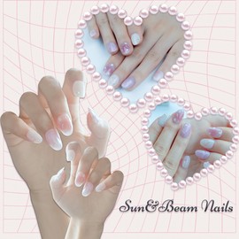 Sun&Beam Nails Handmade Nail Tips Short Round Pink White Gold Hand Painted Flower Fake Nude Design Stylish False Nail Pack of 10 (#172 L)