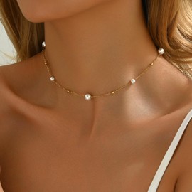 Jewigo Pearl Necklaces for Women 18K Gold Plated Pearl Choker Necklace Dainty Pearl Pendant Necklace Simple Small Pearl Bridesmaid Wedding Jewelry Gift