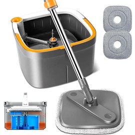 INWEJIA Spin Mop and Bucket Set with Self Separation System 360° Spinning Self-Wringing, Square Clean Mop and Bucket with Wringer-with Replaceable Mop Cloths-6Pads-Drak Gray