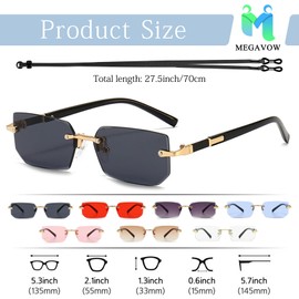 MEGAVOW Frameless Rectangle Sunglasses, Glasses Strap, Vintage Retro Glasses for Men and Women, Diamond Cut Lenses, Gafas de Sol with Tinted, Classic, Square, black