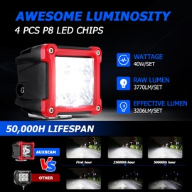 Auxbeam Red Shell LED Pod Lights, 3 Inch 40W Spot Beam Light Bar, Ditch Lights Bumper A-Pillar Offroad Spotlight, LED Cubes Square Off Road Spot Lights, 2Pcs