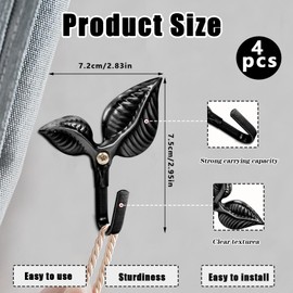 4 Pcs Metal Curtain Holdbacks, Curtain Hooks for Drapes Wall, Metal Decorative Curtain Tiebacks Hooks, Wall Mounted Window Drapery Tiebacks, Curtain Pull Backs (Black)