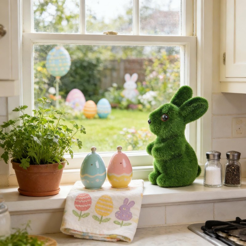 2Pcs Moss Flocked Bunny Easter Decorations 11CM Moss Rabbit Grass