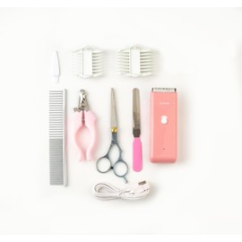 Pet Hair Grooming Kit, 5-in-1 Waterproof Electric Clipper Set with Scissors and Comb, Low Noise 12V Motor, Pink Clipper
