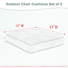 Favoyard Patio Chair Cushions 17 × 17 Inch Water Resistant & 3-Year Color Fastness Outdoor Chairs Cushion for Seat Dining Rocking Wicker Chair Cushion with Tie Straps Tufted Square Pads, Grey, 2 Pack