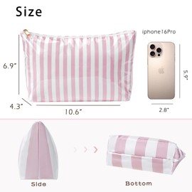 Large PVC Waterproof Striped Makeup Bag,Clear Coated Cosmetic Bags,Easy to Clean,Travel Organizer Zipper Pouch Beach Vacation Essentials for Women Girls(04Pink Stripe)