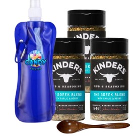 Kinder’s Rub Premium Barbecue Seasoning BBQ Spice w/Garlic & Herbs pack of 3 5.1 oz. each (15.3 oz) + Candy Freezer Collapsible Bottle & Wooden Spoon (The Greek Blend)